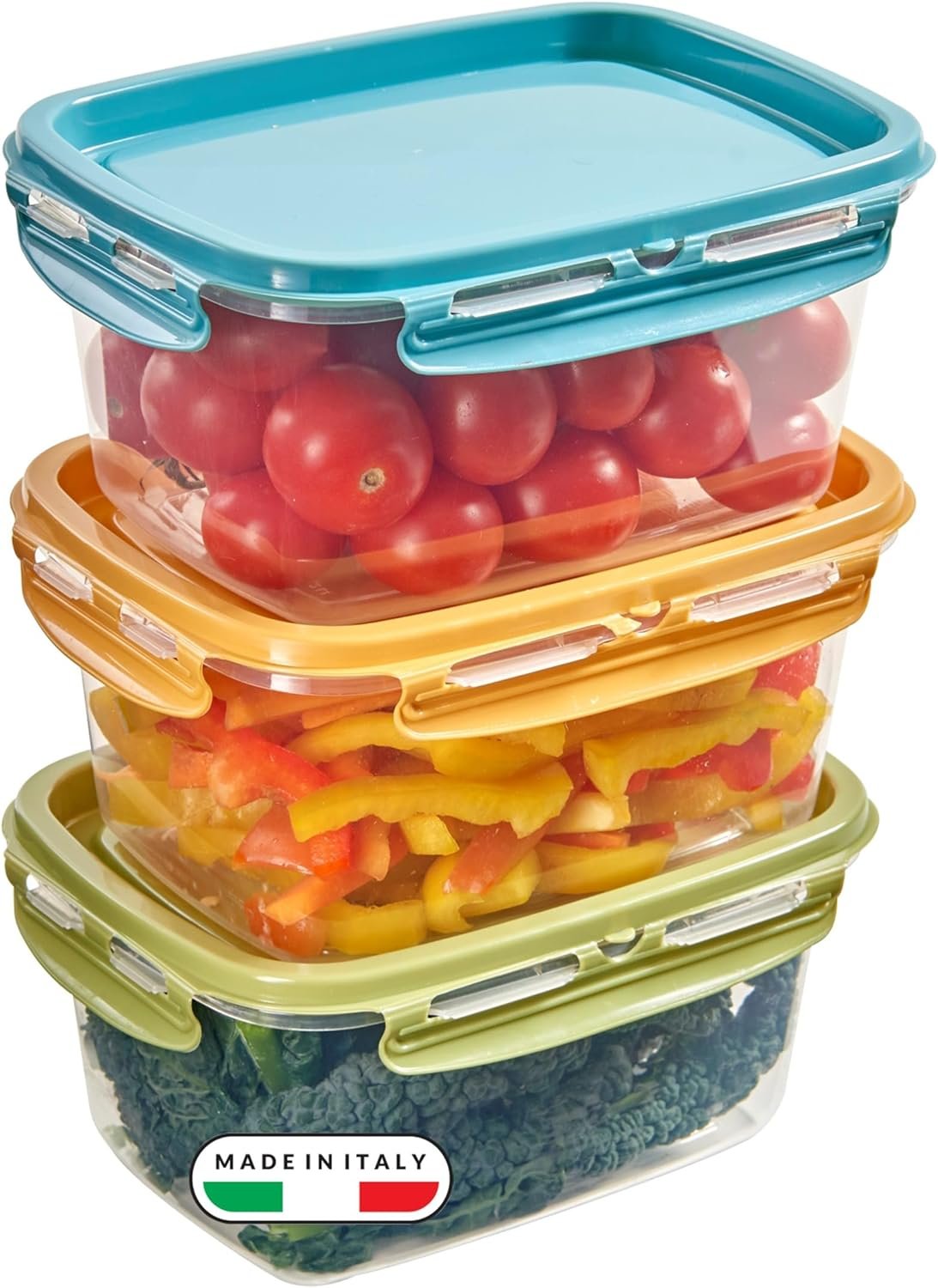 Snips Lock Mixcolor - Set 3 Contenitori Alimenti 1,2 L, Coperchio Salvafreschezza con 4 Chiusure di Sicurezza - Contenitore Alimenti 18,4 x 14 x 12 cm, Frigorifero, Microonde e Lavastoviglie Made in Italy