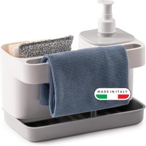 Snips Organizer per Lavello Cucina 3 in 1 con Dosatore Detersivo Piatti 400 ml, Porta Spugna e Porta Strofinacci, Set Salvaspazio 21 x 12 x 18 cm, Made in Italy