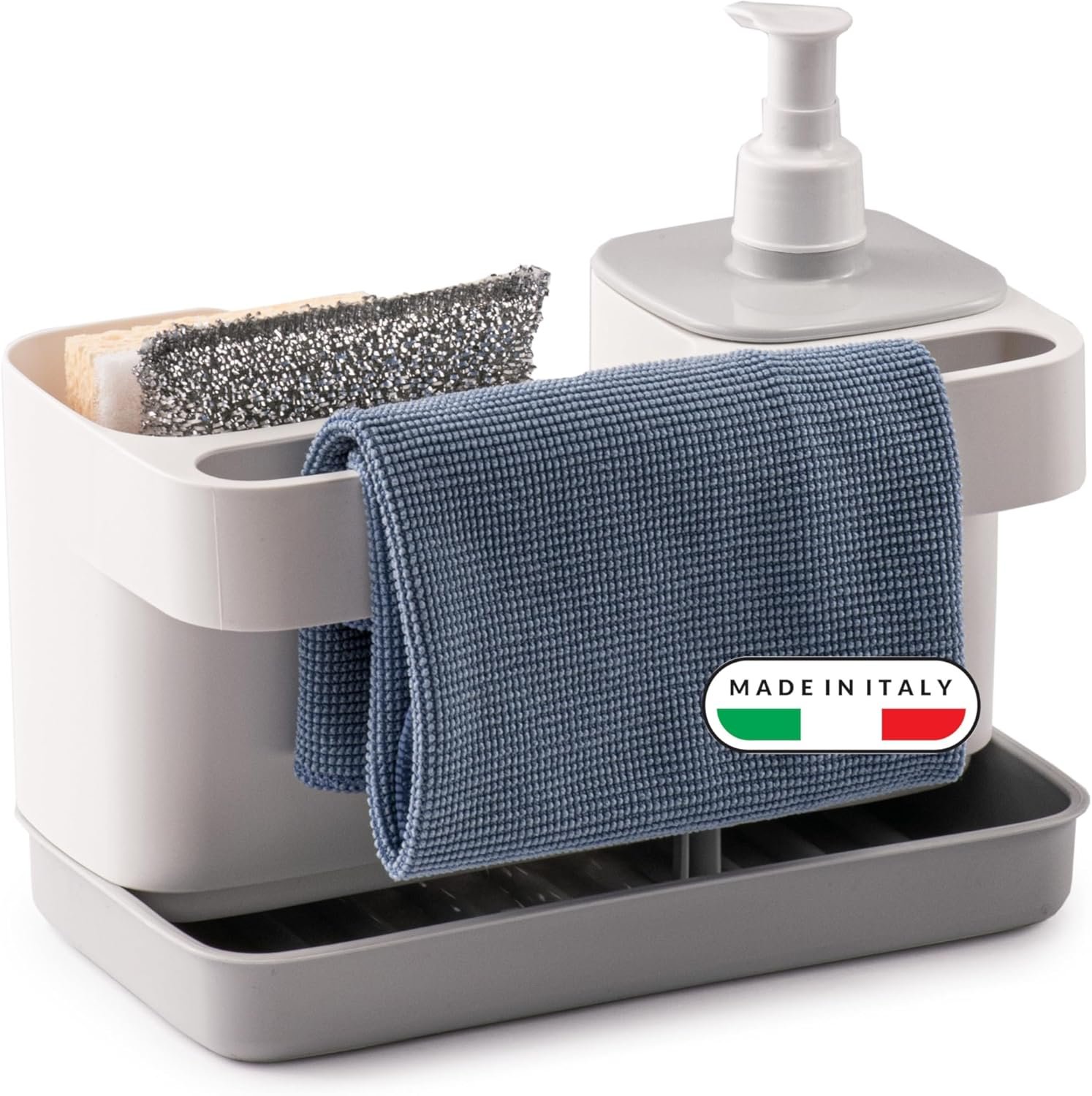 Snips Organizer per Lavello Cucina 3 in 1 con Dosatore Detersivo Piatti 400 ml, Porta Spugna e Porta Strofinacci, Set Salvaspazio 21 x 12 x 18 cm, Made in Italy