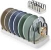 Supporto per coperchio per pentole, coperchio per cucina, con ripiani regolabili, supporto per cassetti, 7 scomparti, 42 x 16 cm, organizer per cassetti, padelle, coperchio, organizer per taglieri, bianco nero