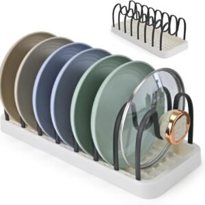 Supporto per coperchio per pentole, coperchio per cucina, con ripiani regolabili, supporto per cassetti, 7 scomparti, 42 x 16 cm, organizer per cassetti, padelle, coperchio, organizer per taglieri, bianco nero