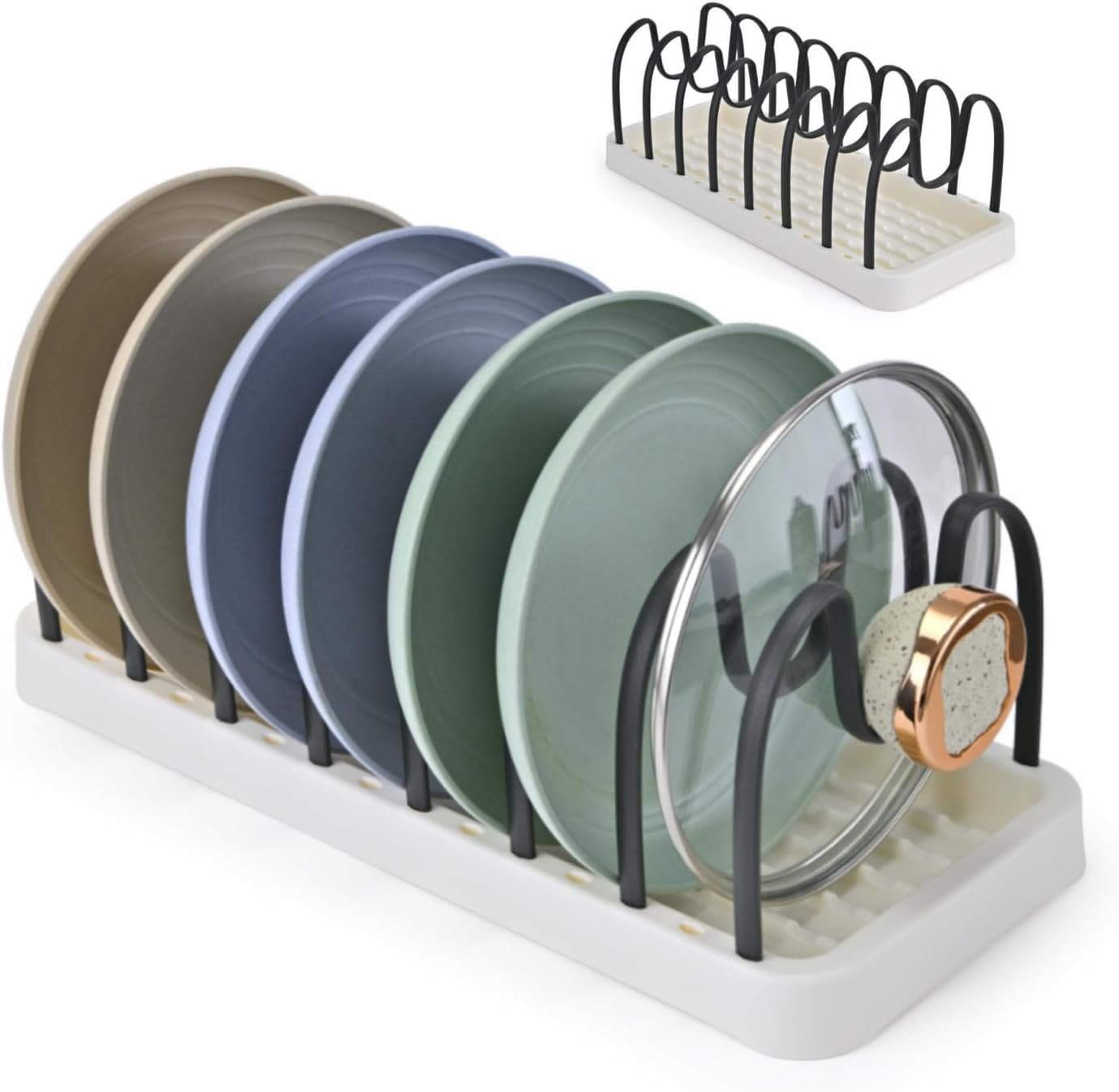 Supporto per coperchio per pentole, coperchio per cucina, con ripiani regolabili, supporto per cassetti, 7 scomparti, 42 x 16 cm, organizer per cassetti, padelle, coperchio, organizer per taglieri, bianco nero