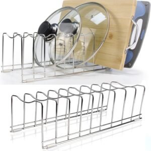 Supporto salvaspazio per coperchio pentola, Padella organizer a 9 scanalature, Supporto per coperchio in acciaio inossidabile con 4 cuscinetti in silicone, Supporto per coperchio cassetto, Mensola da cucina (2 pezzi)