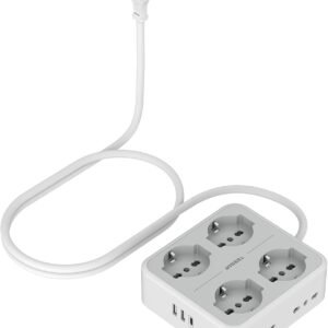 TESSAN Ciabatta USB C, Ciabatta Elettrica da 2 Metri, Ciabatta Elettrica con 4 Spine Schuko e 4 Bivalenti 10A/16A, Presa Multipla 3680W con Interruttore, Grigio
