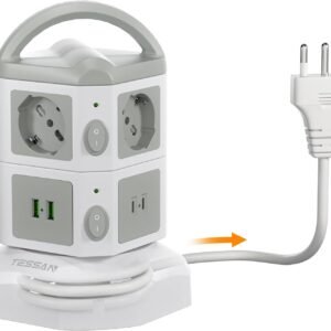 TESSAN Girgio Multipresa con 2 USB C, Multipresa Elettrica con 6 Prese Schuko, Prolunga Retrattile 2 M, Presa da Tavolo con 2 Interruttori Indipendenti