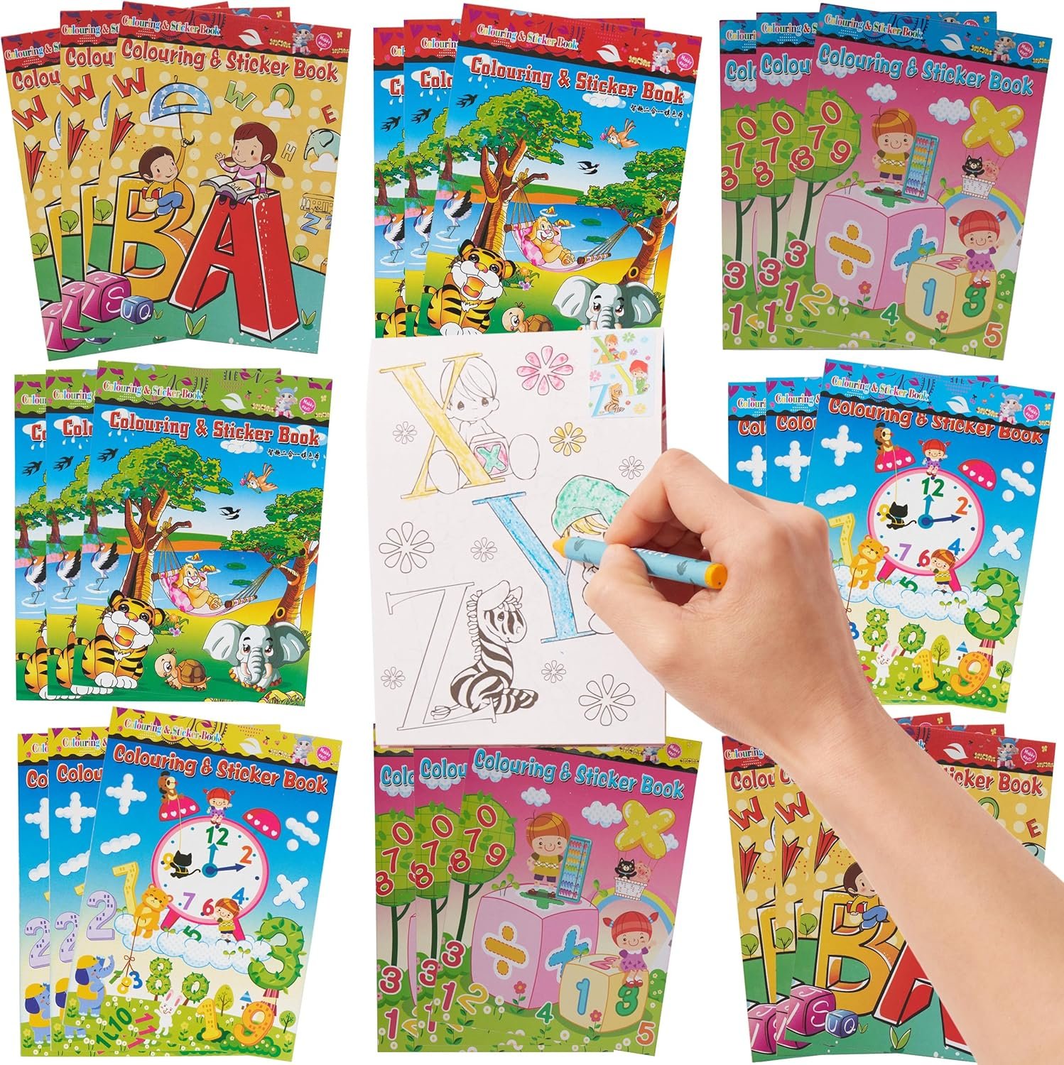 THE TWIDDLERS Set of 24 Mini Colouring Books for Kids with Stickers (A6 Size) - Birthday Gadgets, End of Party Gifts and School Awards - Small Travel Albums (Kids 3+ Years)
