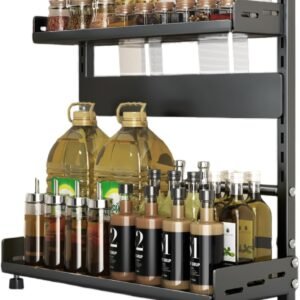TRAYINDALY Portaspezie da Cucina Autoportante, Espandibile, Portaspezie Salvaspazio, Mensole da Cucina con Portacoltelli, Organizzatore di Spezie da Cucina per Mobiletto del Bagno, Nero
