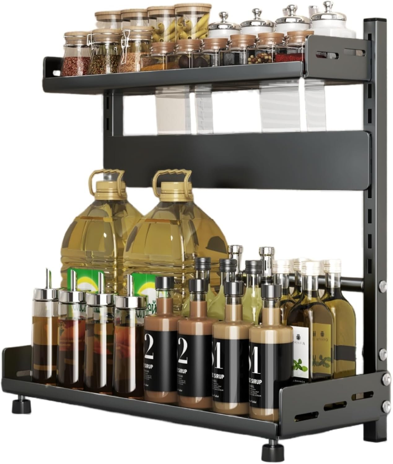TRAYINDALY Portaspezie da Cucina Autoportante, Espandibile, Portaspezie Salvaspazio, Mensole da Cucina con Portacoltelli, Organizzatore di Spezie da Cucina per Mobiletto del Bagno, Nero