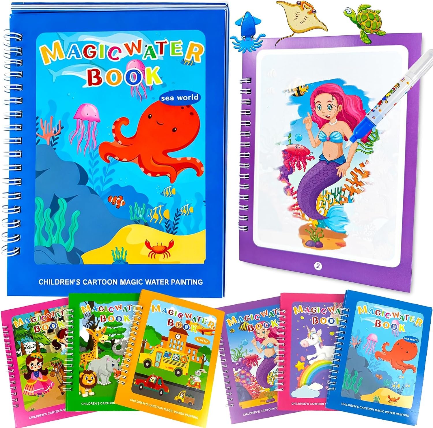 Tangdudu Libro da colorare sull'acqua magica, 6 libri da colorare per bambini, con 6 penne magiche, libro di magia dell'acqua riutilizzabile per colorare, regalo per ragazzi e ragazze