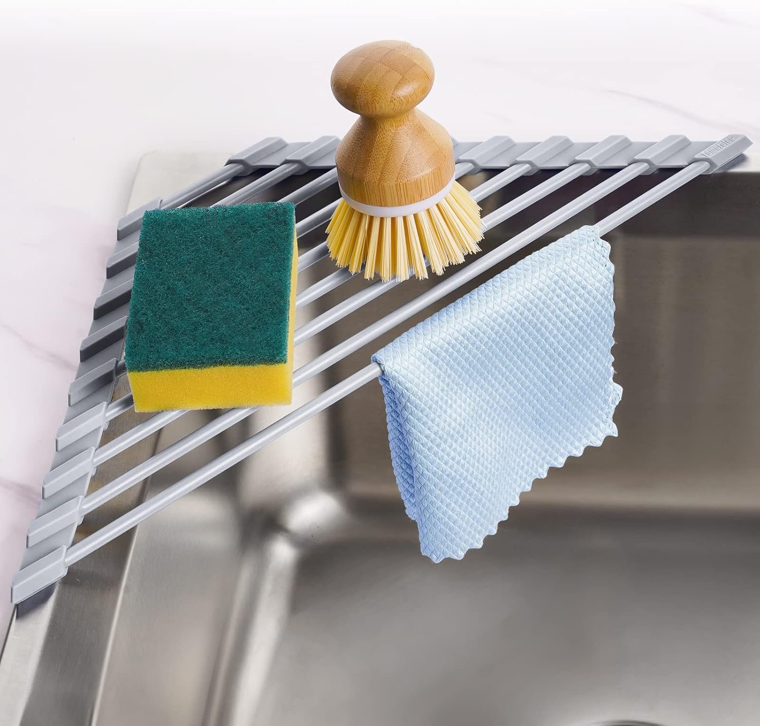 Tomorotec, scolapiatti triangolare arrotolabile, piccolo, pieghevole, rivestito in silicone, scolapiatti ad angolo sopra il lavello, organizer scolapiatti e salvaspazio, multiuso.