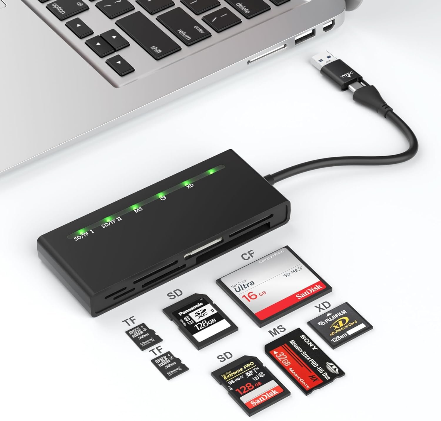 USB3.0 Multiple Card Reader, 7 in 1 USB and USB C 3.0 for SD TF Micro SD CF MS MMC Card, Supports 5Gbps High Speed SD/TF/Micro SD/CF/MS/XD Card Reader Simultaneous Reading of 5 Cards - Image 2