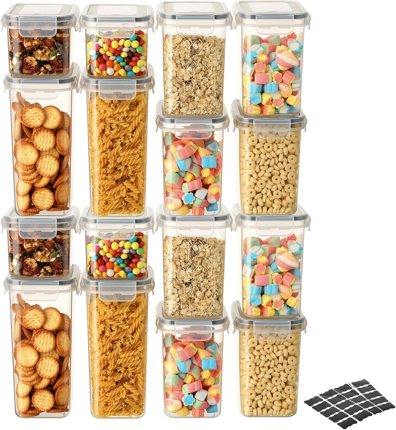 VINATO Contenitori per Alimenti Ermetici 16 Pezzi, Set di Organizer Cucina con Coperchio per Pasta, Cereali e Farina, Contenitori Dispensa Salvaspazio, Senza BPA, +24 Etichette