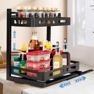 VINATO Organizer sottolavello da Cucina, Organizer Estraibile a 2 Livelli, Carrello per lavello Regolabile in Altezza, Portadetersivi Salvaspazio sottolavello per Bagno/Dispensa, Nero