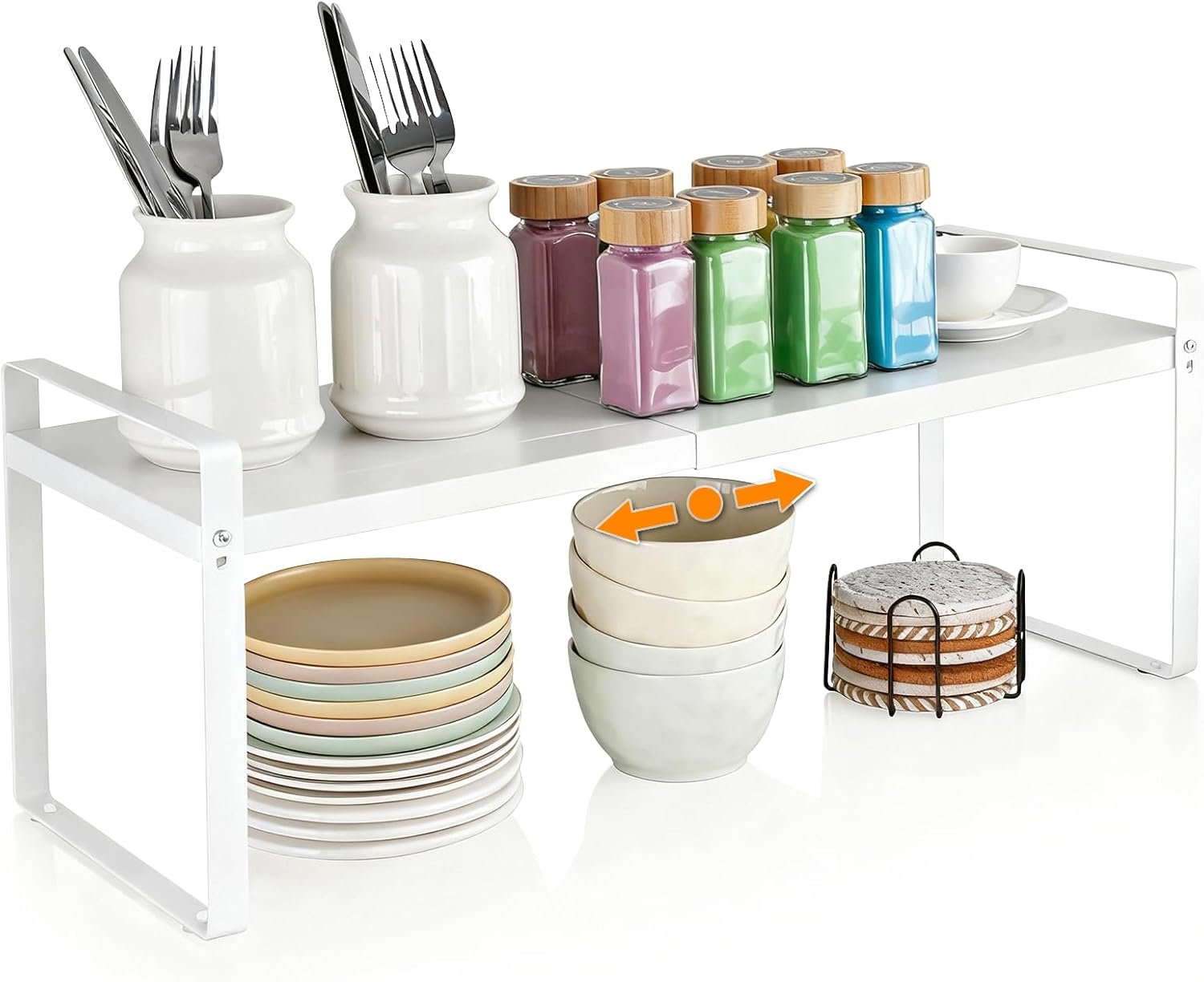 VINATO Scaffale da Cucina Espandibile (37-62 cm), Scaffali da Cucina Salvaspazio, Ripiani in Metallo, Scaffale Salvaspazio, Organizzatore di Spezie Modulare, per Controsoffitti, Dispensa, Bagno, Bianco