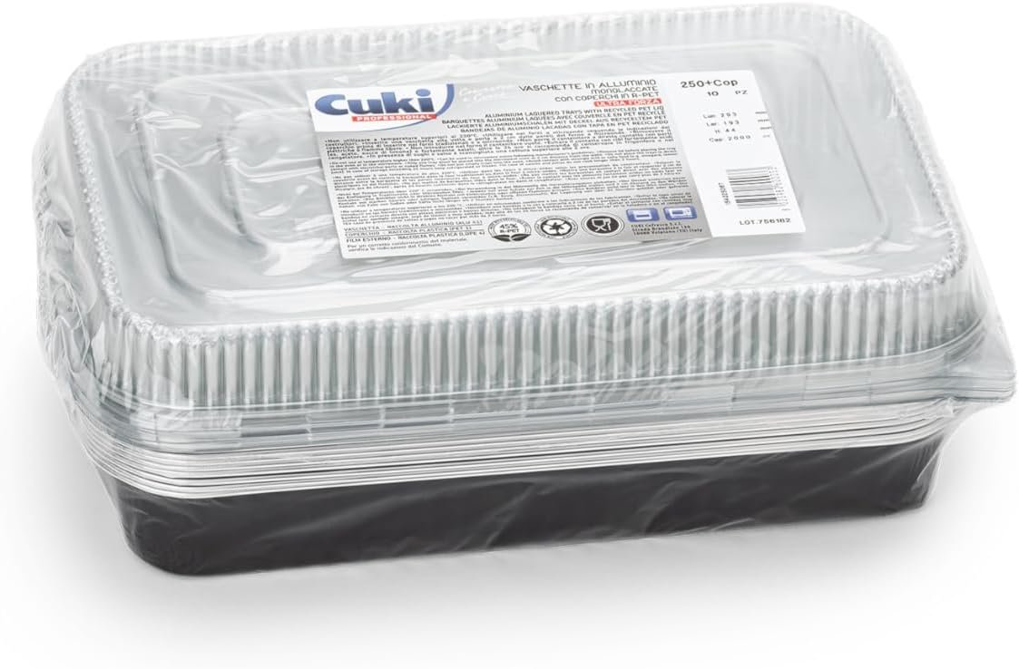 Vassoi in alluminio con coperchi ultra resistenti, 6 porzioni, laccate, cm29x19xh4, 1 confezione da 10 pezzi, usa e getta per forno, microonde, frigorifero, cottura, conservazione