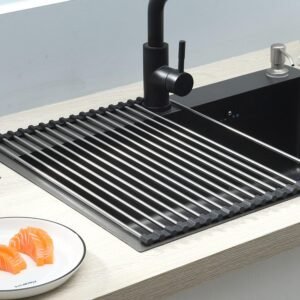 ViWaVee, pieghevole, rimovibile, in acciaio inox, sopra il lavello della cucina, scolapiatti, supporto per tappetino, organizer per tazze, frutta, verdura, nero