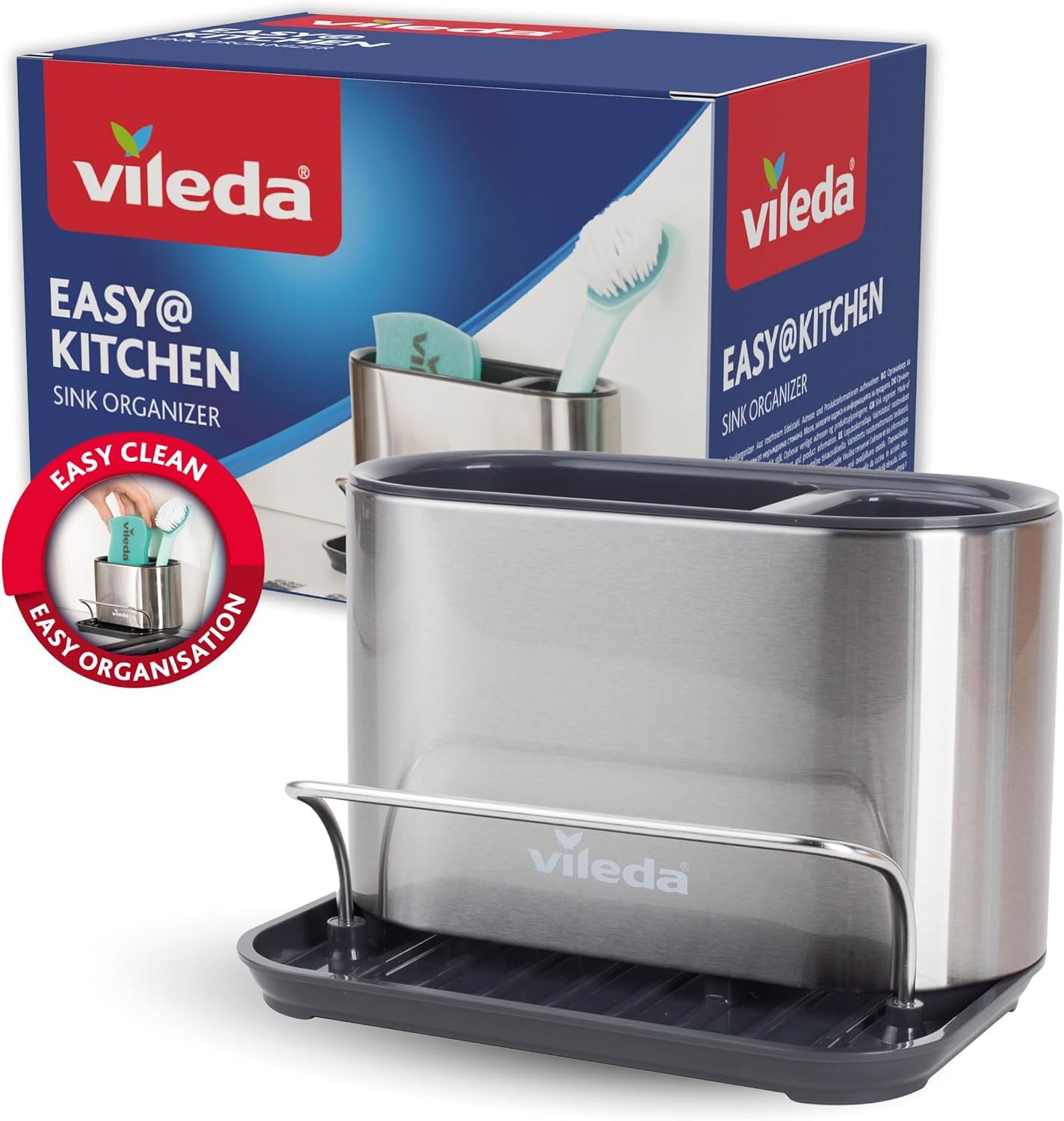 Vileda Organizzatore per lavello in Acciaio Inox con Portaspugna - Pratico Portaspugna, Portaspazzola e Dispenser di Sapone - Organizzatore per Lavello Cucina - Portaspugna per Lavello Cucina