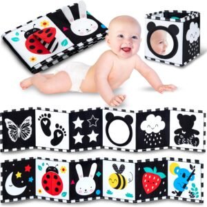 WELLODE Libro sensoriale Montessori per bambini - Libro Montessori per bambini in bianco e nero - Ultra morbido, sicuro e lavabile, ideale per lo sviluppo visivo e il tempo a pancia in giù (0-12 mesi)