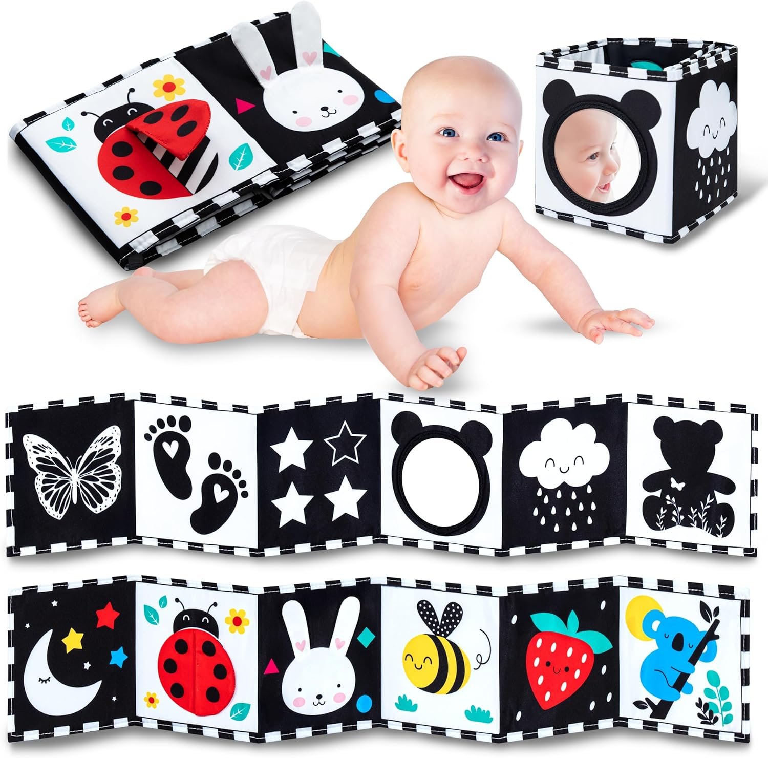 WELLODE Libro sensoriale Montessori per bambini - Libro Montessori per bambini in bianco e nero - Ultra morbido, sicuro e lavabile, ideale per lo sviluppo visivo e il tempo a pancia in giù (0-12 mesi)