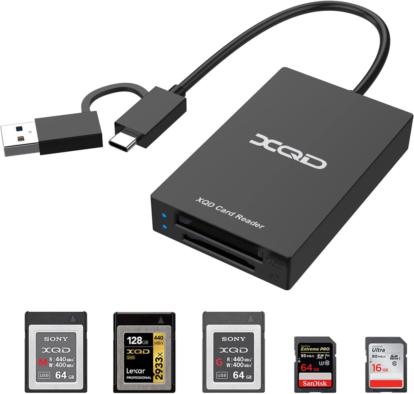 XQD USB 3.0 SD Card Reader, USBA/Type C XQD/SD Card Reader, Dual Slot, Memory Card Reader, Compatible with Sony G/M Series, Lexar Mark Cards, Sony G Series, for Windows/Mac OS/Linux - Image 2