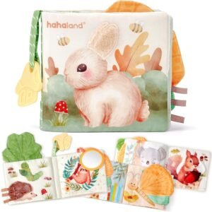 hahaland Libri in Stoffa per Bambini 0-6 Mesi – Libretto Tattile con Animali Morbidi Interattivi con Specchio – Giocattoli sensoriali per Passeggino Tummy Time