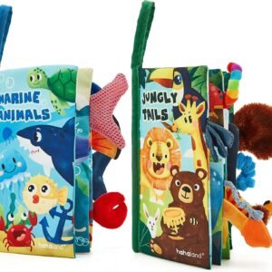 hahaland Libri in Stoffa per Bambini 2 Pezzi – Morbidi Libri della Giungla con Code di Animali, Libro interattivo sensoriale per Bambini, Libro tattile per il Tempo della Pancia 0 6 12 Mesi