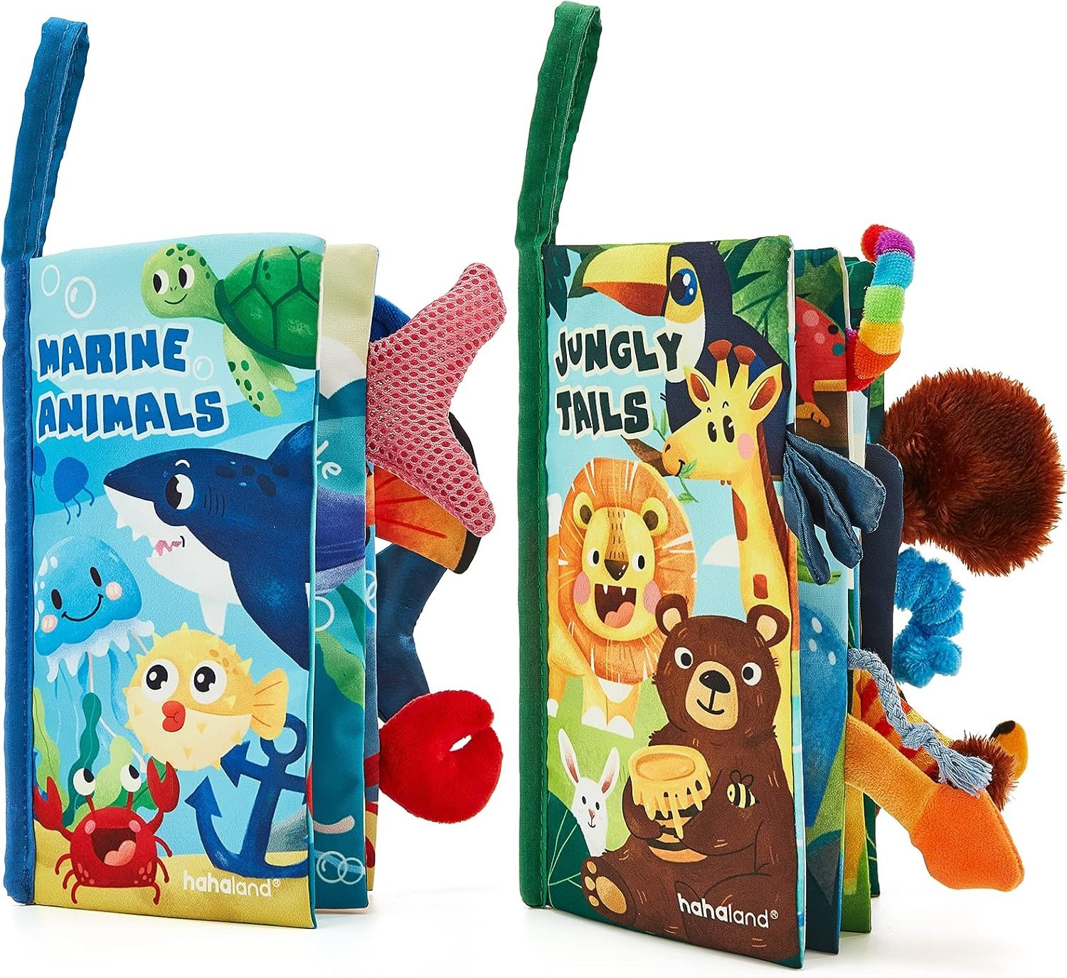 hahaland Libri in Stoffa per Bambini 2 Pezzi – Morbidi Libri della Giungla con Code di Animali, Libro interattivo sensoriale per Bambini, Libro tattile per il Tempo della Pancia 0 6 12 Mesi