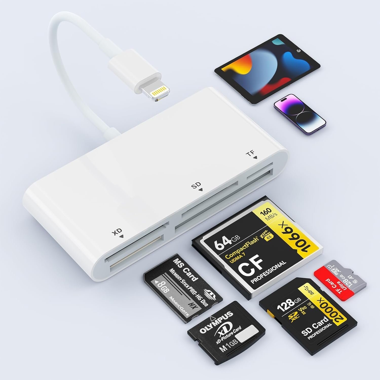 iPhone SD Card Reader, iPhone 5 in 1 Multi Memory Card Reader for XD, CF, SD, TF Card, SD Memory Card Reader Adapter for iPhone 14/14 Pro/14 Pro Max/13/12/iPad - Image 2