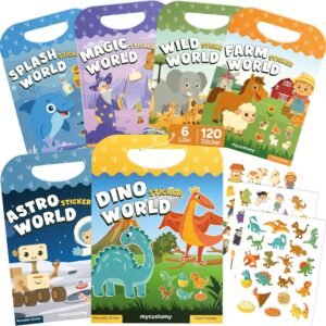 mycustomy - 6 adesivi per libri per bambini - senza BPA con 120 adesivi riutilizzabili e lavabili