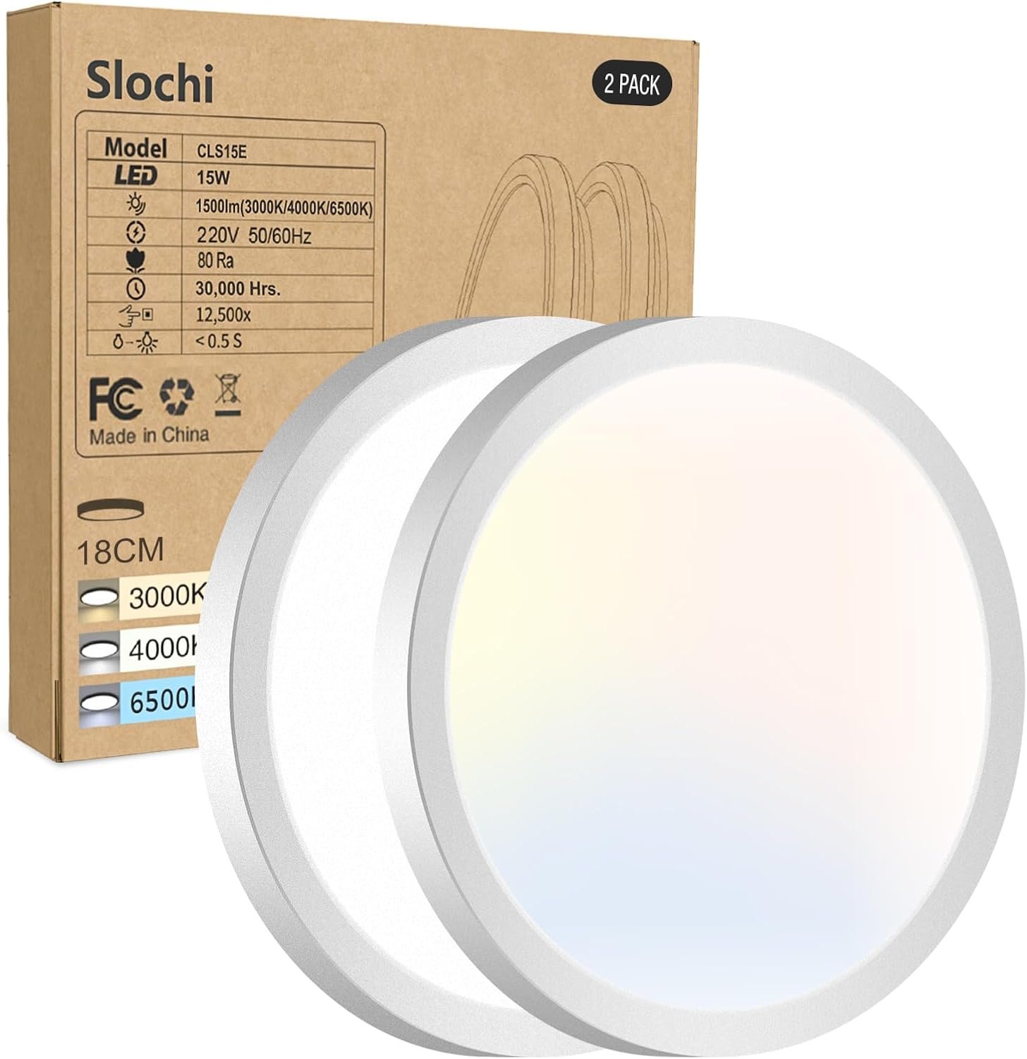 slochi Plafoniera LED 2 Pezzi, 3000 K/4000 K/6500 K IP44 Plafoniera Impermeabile, 1500 LM 15 W Plafoniera Bagno per Camera da Letto, Cucina, Soggiorno, Balcone, Diametro 18 cm