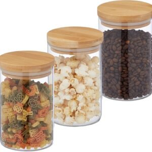 Relaxdays Set 3 Barattoli per Alimenti, Pasta, Riso, Müsli, Caffè, 800 ml, Chiusura Ermetica, Bambù, Vetro, Naturale/Transfer