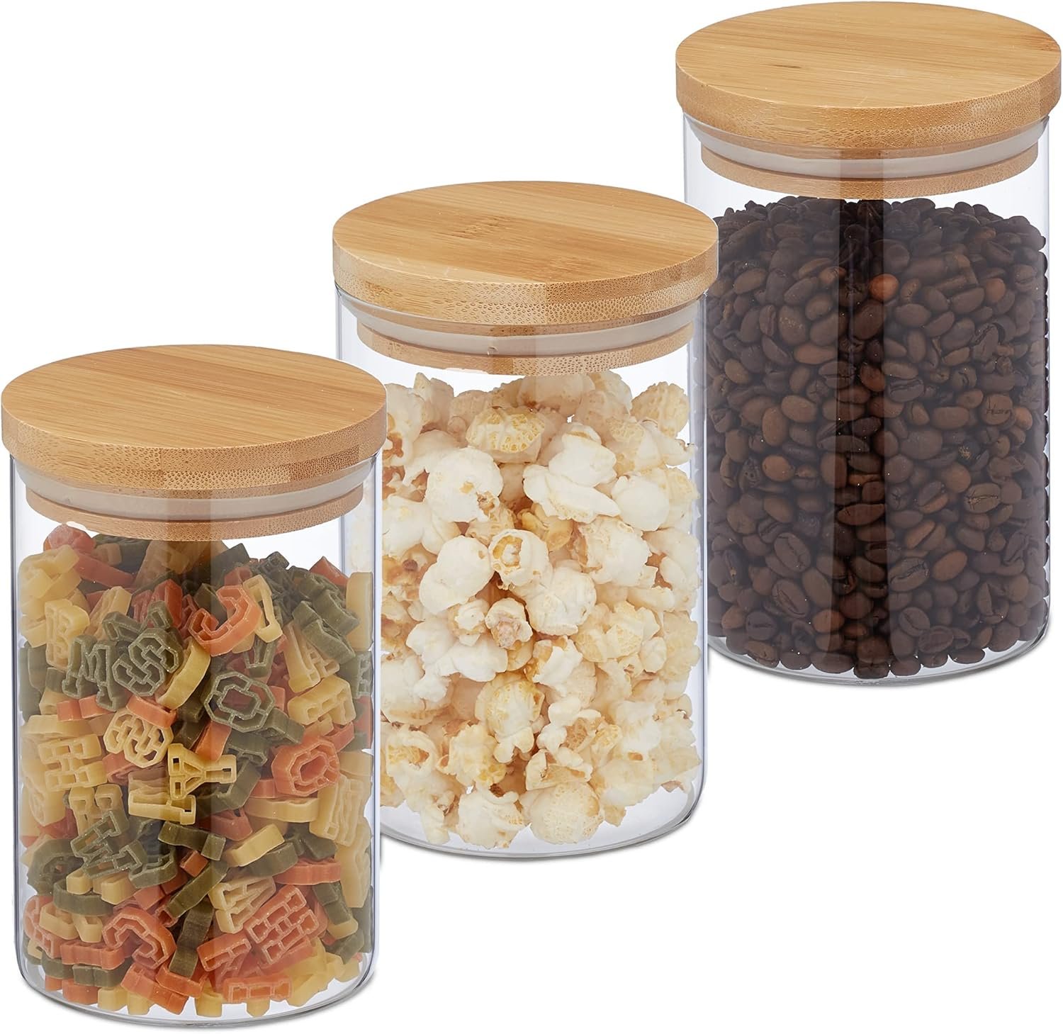 Relaxdays Set 3 Barattoli per Alimenti, Pasta, Riso, Müsli, Caffè, 800 ml, Chiusura Ermetica, Bambù, Vetro, Naturale/Transfer