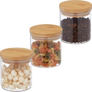 Relaxdays Set 3 Barattoli per Alimenti con Coperchio in Bambù, Contenitori in Vetro, 500 ml, Trasparente Naturale