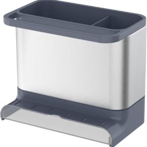 Amig - Organizer per lavello Noxi - 15,5 x 11,5 x 18 cm - Acciaio inossidabile e plastica resistente - Grigio - Porta spugne, spazzole e porta detersivi con vassoio estraibile