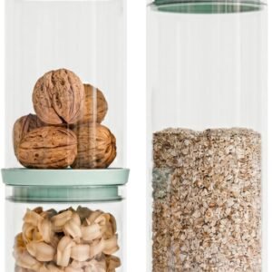 Amig - Set di 3 barattoli rotondi ermetici con coperchio verde - 600 ml, 1300 ml e 1900 ml - Barattoli per alimenti in vetro da 3 pezzi - Ideale per spezie e pasta