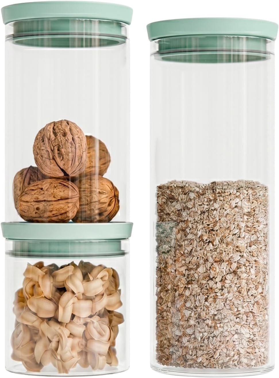 Amig - Set di 3 barattoli rotondi ermetici con coperchio verde - 600 ml, 1300 ml e 1900 ml - Barattoli per alimenti in vetro da 3 pezzi - Ideale per spezie e pasta