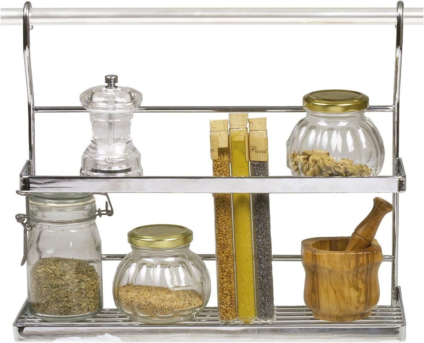 Amig - Vassoio organizer da parete | Mensola in acciaio cromato lucido | Gancio per spezie e condimenti o utensili in cucina e dispensa | Dimensioni: 43x27x17 cm