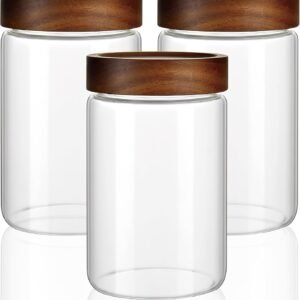 Barattoli di vetro con coperchi in legno, contenitori trasparenti ermetici da 850 ml (set di 3) con tappi a vite, contenitori da cucina per chicchi di caffè, biscotti, decapaggio, pasta