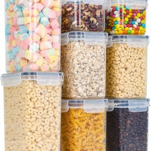 Cozary Contenitori ermetici per alimenti con coperchio - Set di 8 contenitori in plastica per farina di pasta e cereali, senza BPA - Organizzatore da cucina per dispensa e cassetti