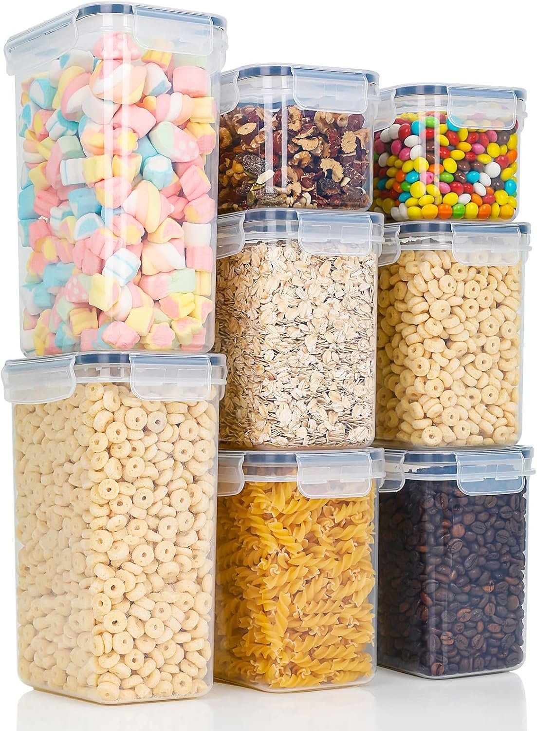 Cozary Contenitori ermetici per alimenti con coperchio - Set di 8 contenitori in plastica per farina di pasta e cereali, senza BPA - Organizzatore da cucina per dispensa e cassetti