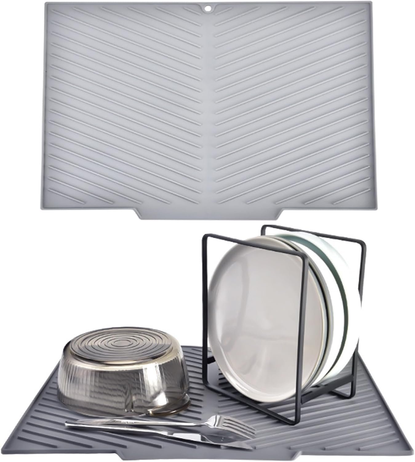 Echehi Tappetino scolapiatti con uscita di scarico, Tappetino scolapiatti a forma di V da 17" x 12" con design antiscivolo, Senza BPA e facile da pulire Grigio
