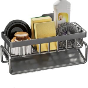 Grey Kitchen Sink Sponge Holder, Caddy Organizer with Tall Brush Holder, Kitchen Worktop Storage Organizer and Storage Accessories, Rustproof 304 Stainless Steel