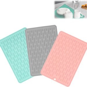Helweet Tappetino scolapiatti in silicone, Scolapiatti per stoviglie, Tappetini per posate in silicone, Tappetino per lavello da cucina, Asciugatura rapida, 3 pezzi, Blu + Grigio + Rosa (20 x 30 cm)