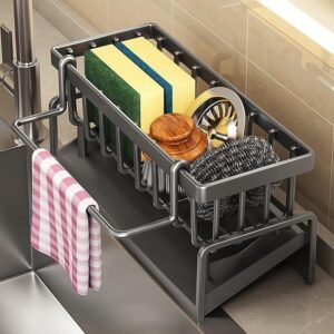 Kitchen Sink Caddy Sponge Holder - Stainless Steel Soap Organizer with Automatic Drain Tray, Counter Holder for Sink or Bathroom, Small Space Accessories, Grey