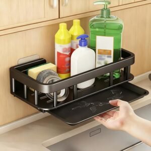 Kitchen Sink Organizer and Dish Drainer Sponge Stainless Steel Wall Mount with Removable Drip Tray and Hooks, Storage Organizer