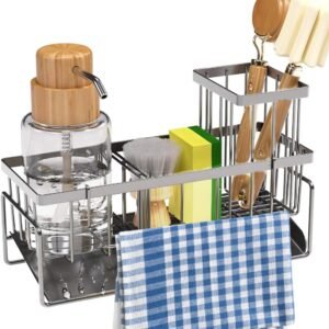 Kitchen Sink Organizer with Tall Brush Holder, Sponge Holder for Sink, 304 Stainless Steel Rustproof Counter Soap Dispenser Organizer, Decoration and Accessories - Grey