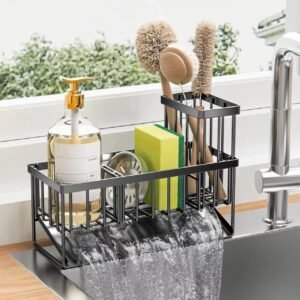 Kitchen Sink Organizer with Tall Toilet Brush Holder, Sink Sponge Holder, Rustproof 304, Soap Dispenser Stand, Decoration and Accessories, Black