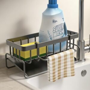 Kitchen Sink Organizer with Tea Towel Holder, Self Draining Sponge Holder for Sink, Countertop Soap Dispenser Carbon Steel, Decoration and Accessories, Grey