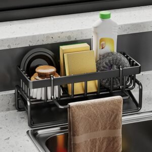 Kitchen Sink Sponge Holder, Sink Organizer with Mop Holder, Self Draining Sponge Holder for Countertop, Black