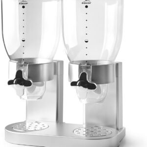 LACOR - 62596 Dispenser cereali, frutta secca, pasta e caramelle, doppio contenitore, due contenitori da 2 L, sistema girevole, senza BPA, 27 x 16,5 x 35 cm, Grigio